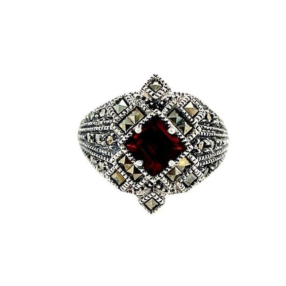 Ladies Garnet/Marcasite Sterling Silver Ring - Picture 1 of 11